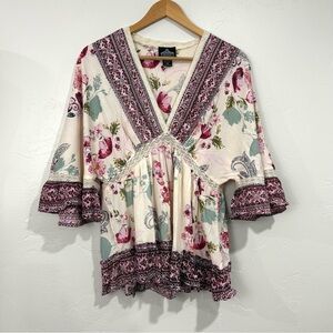 Angie Pink Cream Floral Boho Blouse Babydoll V neck Whimsical Cottagecore Fairy